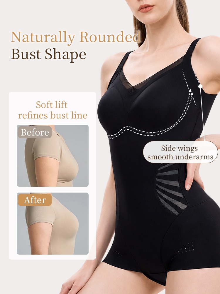 Model wearing black sculpting bodysuit with bust support lines and smoothing side wings VEIMIA