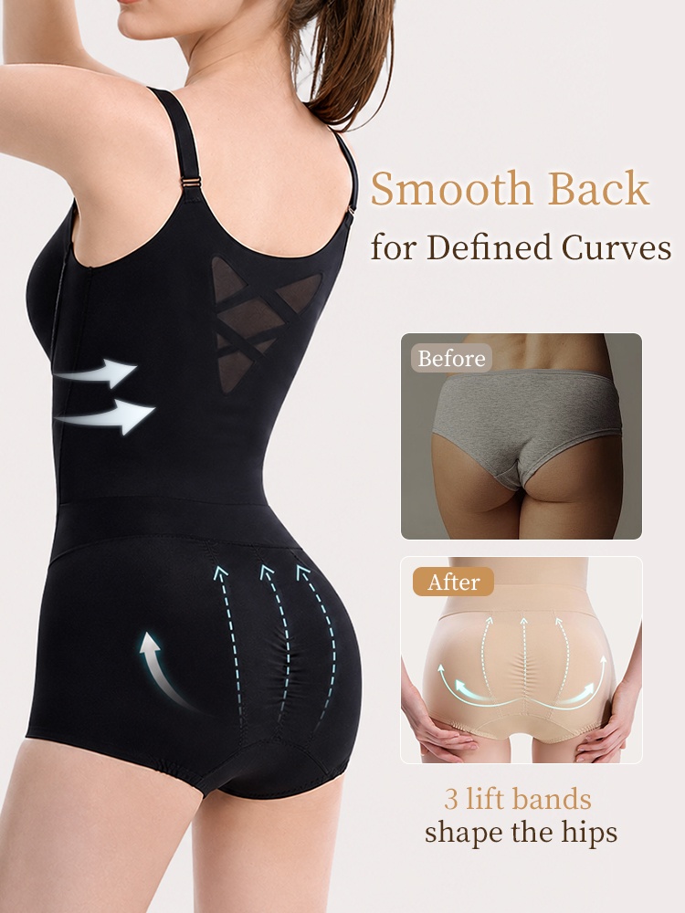 Back view of black sculpting bodysuit with mesh panel and hip shaping bands VEIMIA