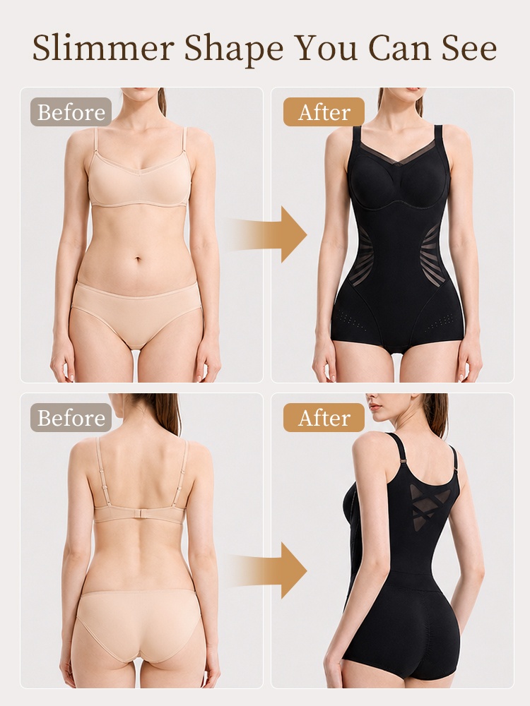 Before and after comparison showing black bodysuit front and back shaping fit VEIMIA