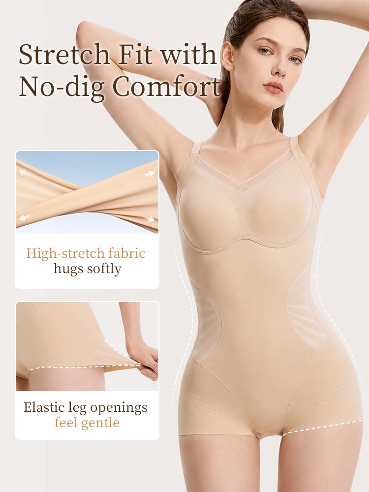 Model wearing sand sculpting bodysuit with stretch fabric and elastic leg openings VEIMIA