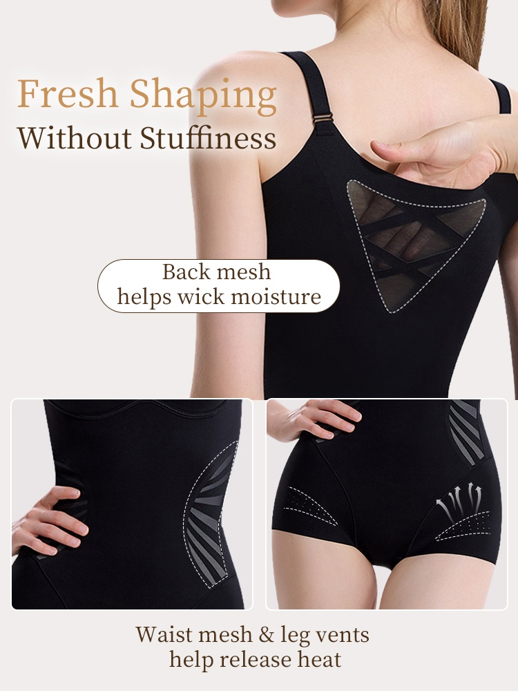 Back view of black sculpting bodysuit showing back mesh waist mesh and leg vents VEIMIA