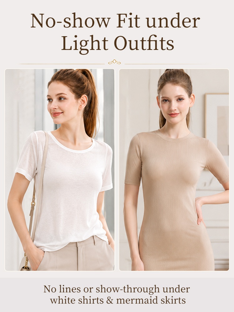 Models wearing light outfits showing smooth no-show bodysuit fit underneath VEIMIA