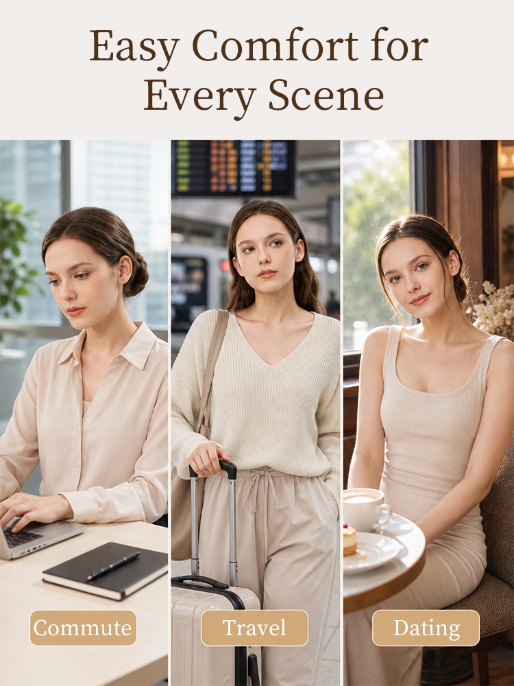 Lifestyle graphic showing models in commute travel and dining scenes VEIMIA