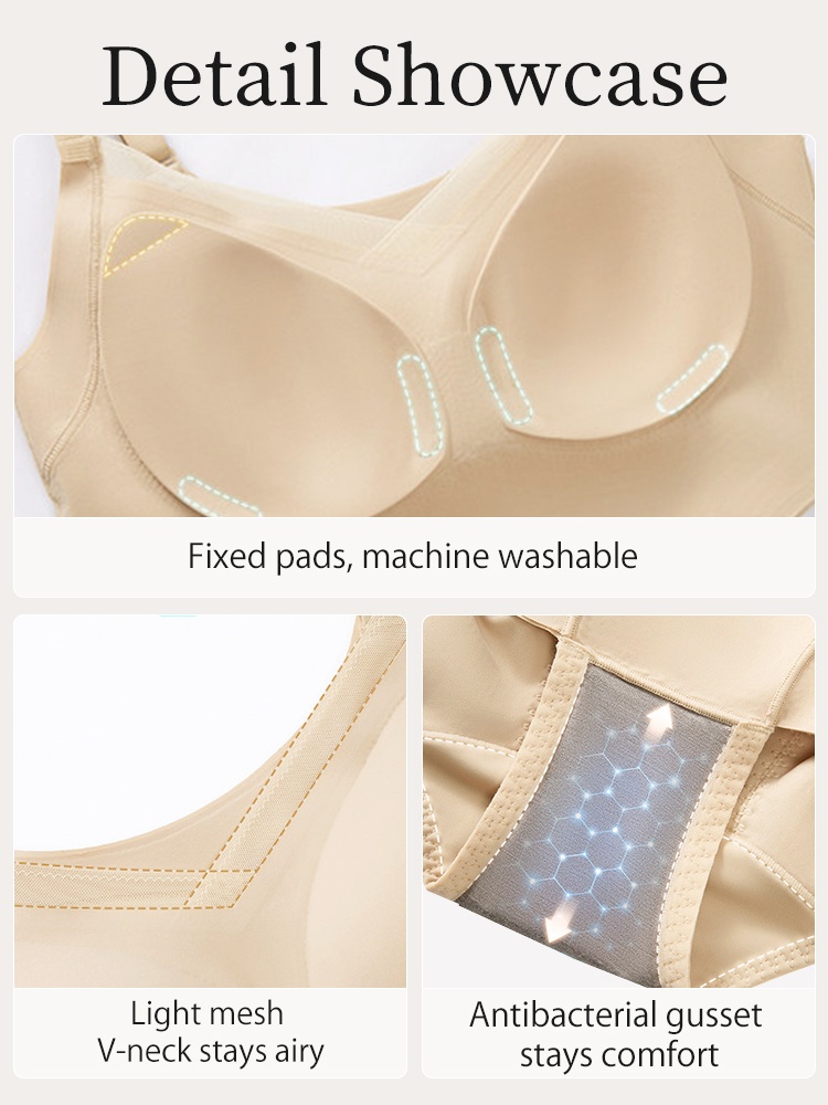 Detail showcase of fixed pads airy V-neck mesh and antibacterial gusset on sand bodysuit VEIMIA