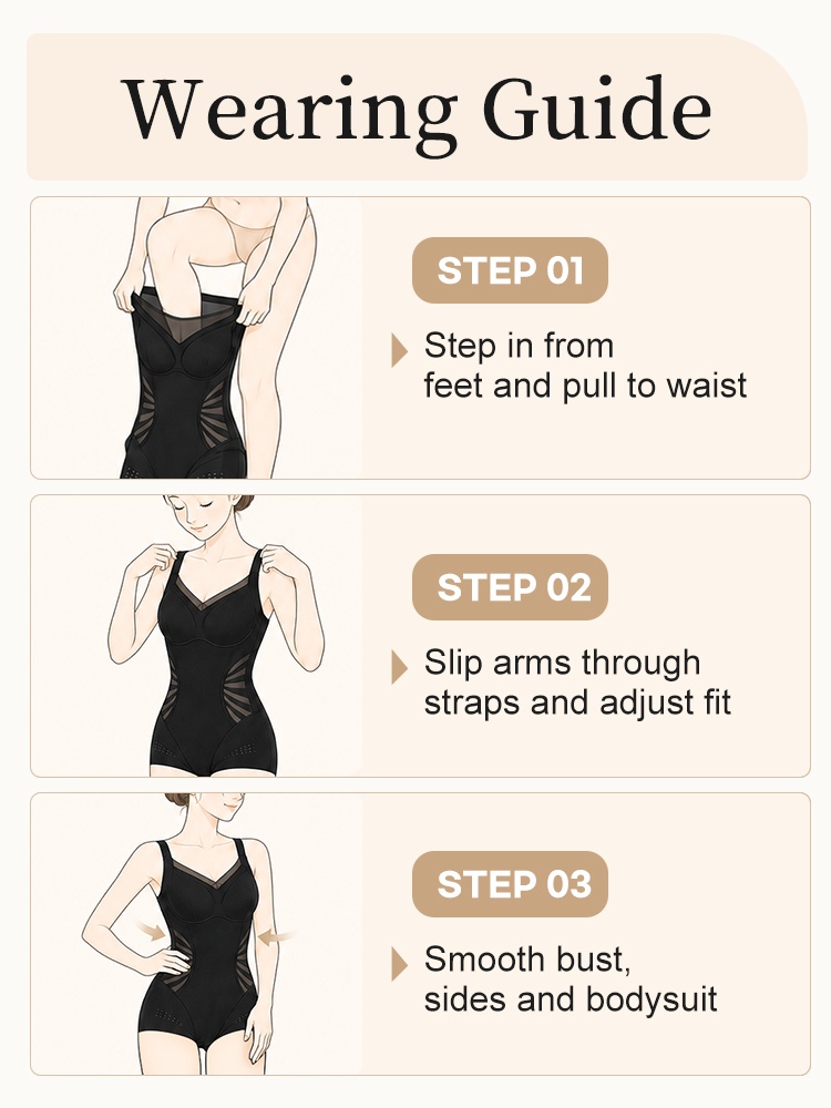Three-step wearing guide for putting on and adjusting black sculpting bodysuit VEIMIA