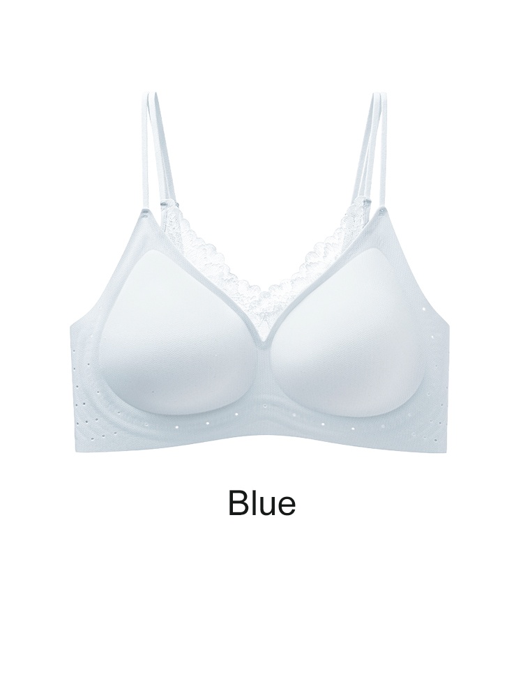 Blue wireless bra front view with lace neckline and double straps VEIMIA