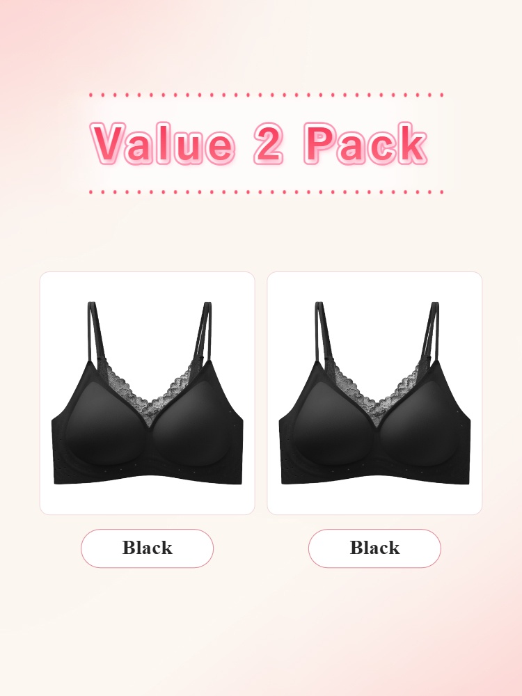 Value 2 pack black wireless bras with lace necklines VEIMIA