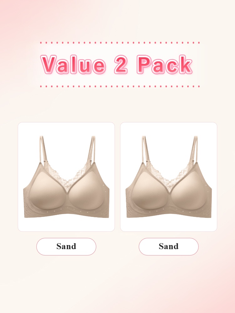 Value 2 pack sand wireless bras with lace necklines VEIMIA