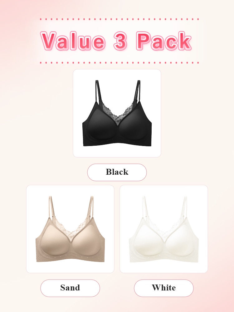 Value 3 pack wireless bras in black sand and white VEIMIA