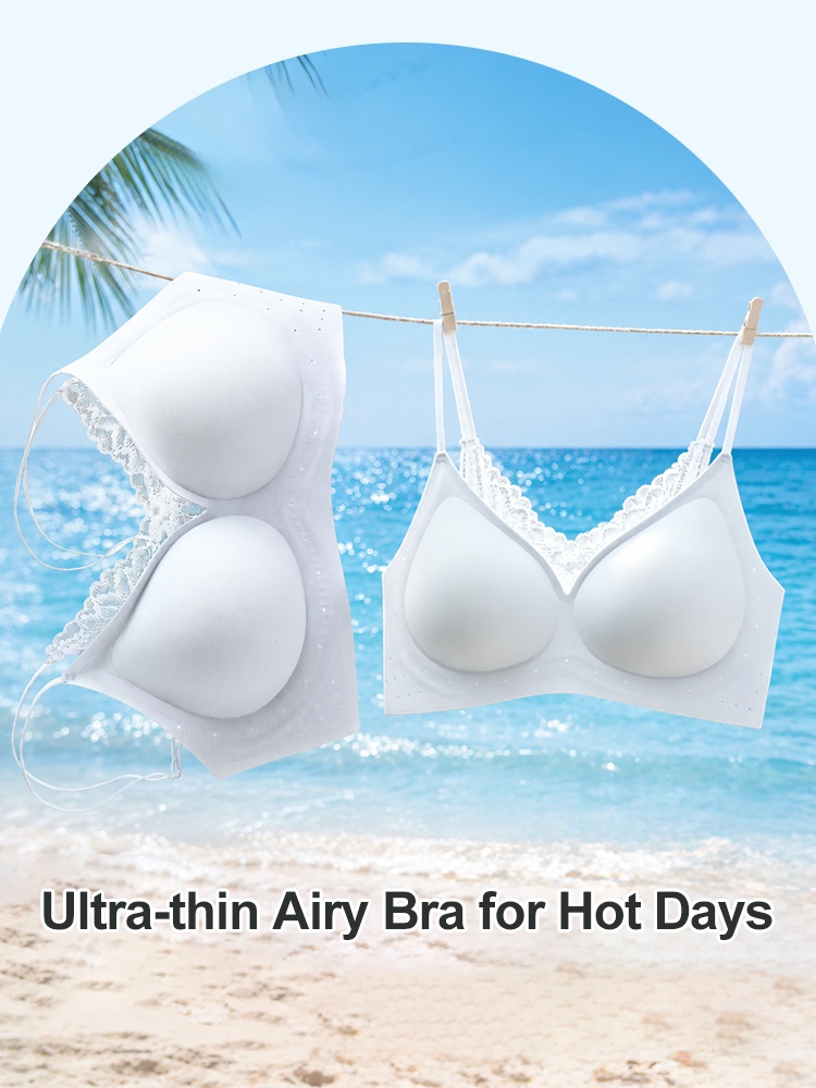 White airy bra hanging near beach background VEIMIA