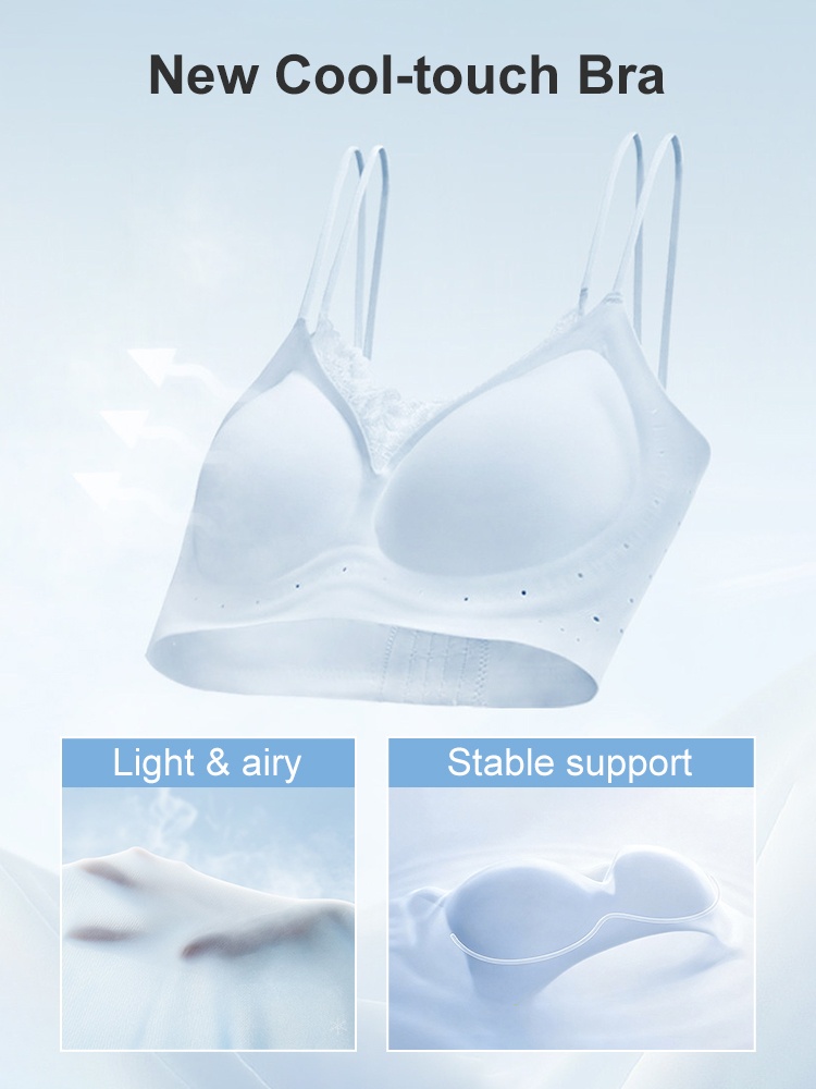 Feature graphic showing light airy fabric and stable support cups VEIMIA