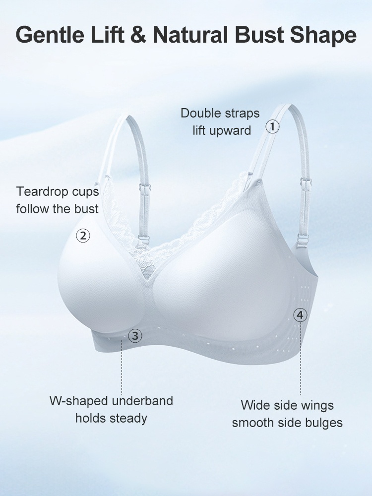 Support diagram showing double straps teardrop cups and wide side wings VEIMIA