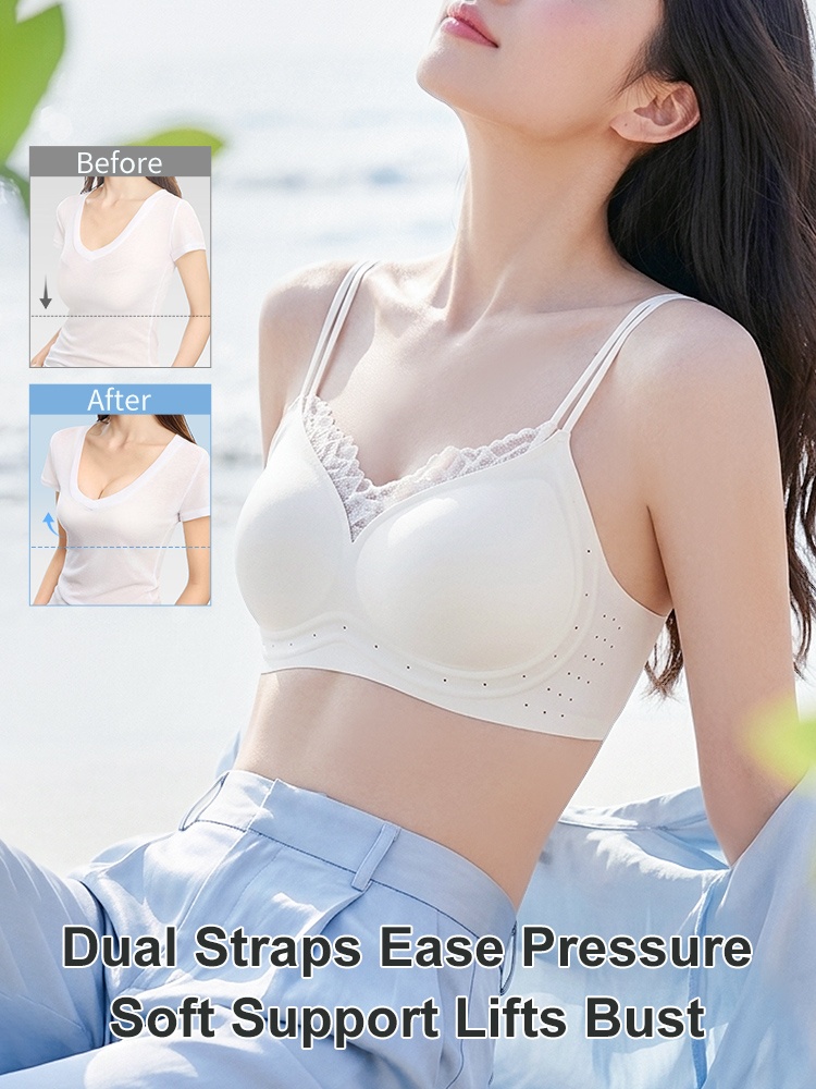 Model wearing white double strap bra with before and after support comparison VEIMIA