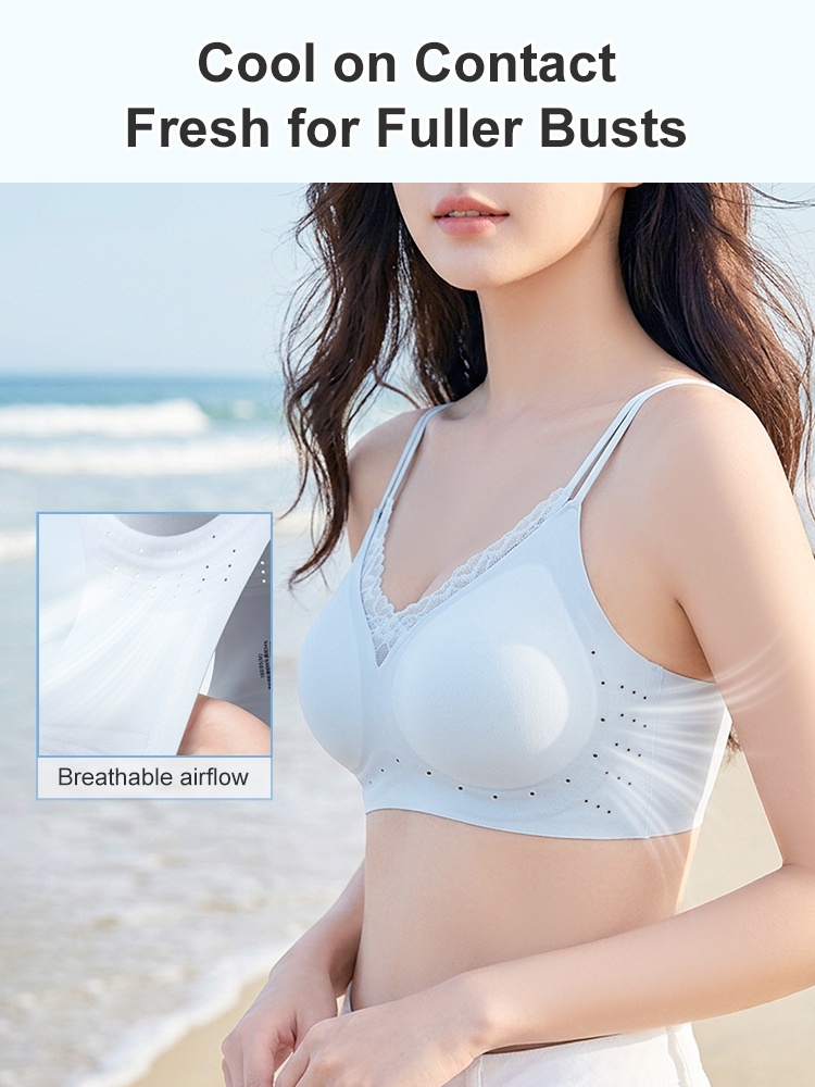 Model wearing white airy bra with breathable airflow detail VEIMIA