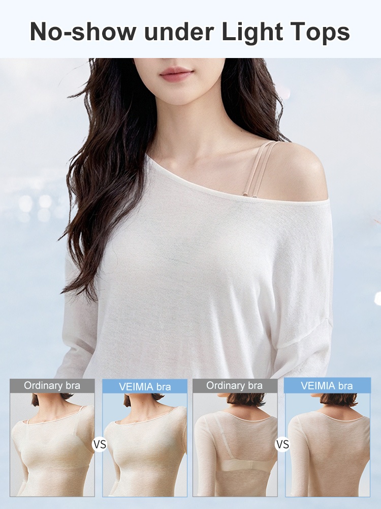 Comparison graphic showing no show bra under light tops VEIMIA