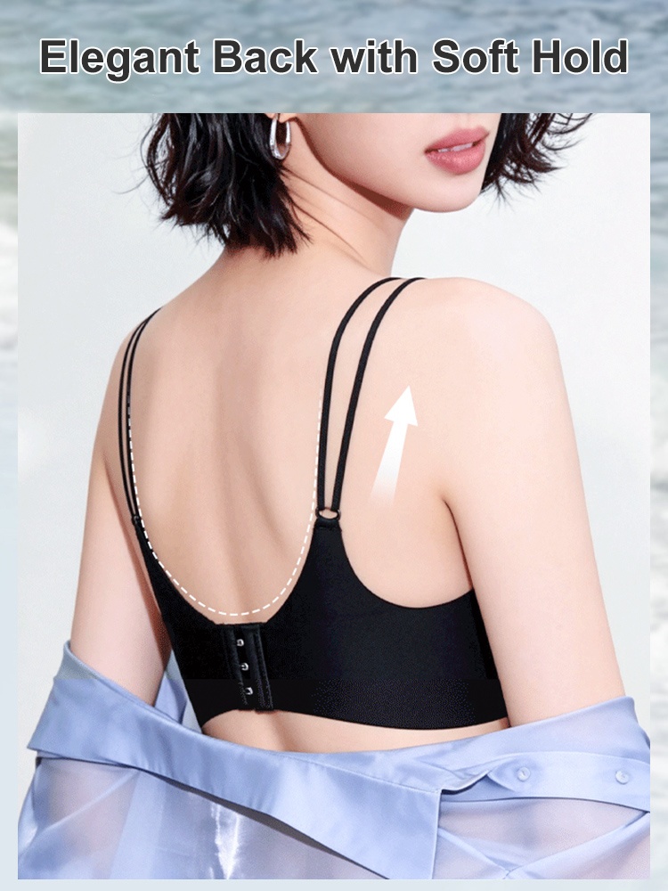 Back view of model wearing black bra with soft hold design VEIMIA