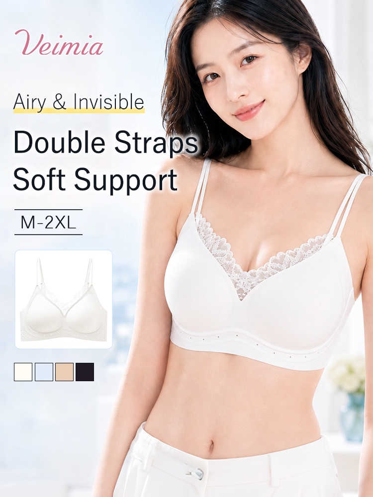 Model wearing white double strap bra with color options VEIMIA