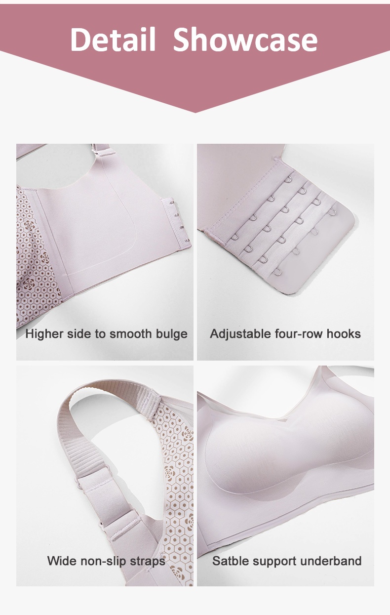 Front view of model wearing beige wireless bra with contoured cups VEIMIA