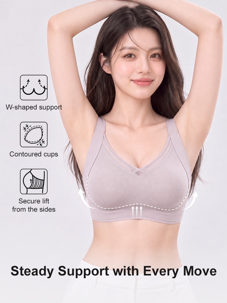 Support graphic showing contoured cups and side lift on light purple wireless bra VEIMIA