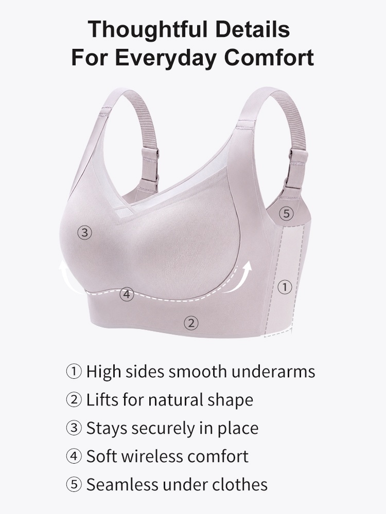 Feature diagram of purple wireless bra highlighting high sides wide straps and supportive underband VEIMIA