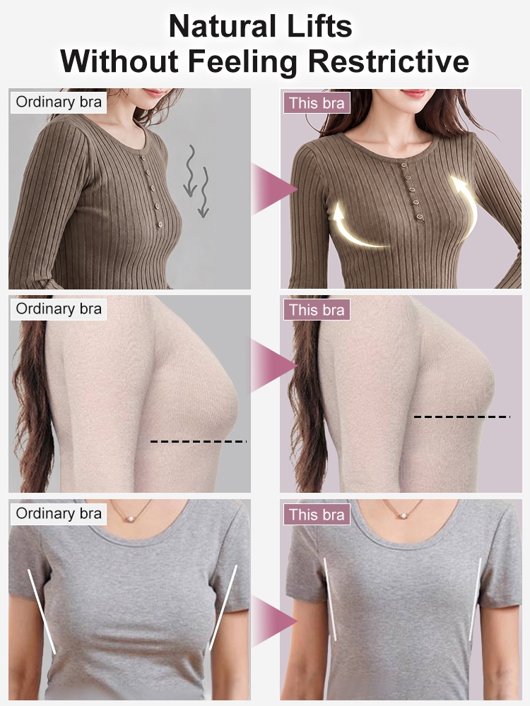 Before and after clothing comparison showing bust lift and smoother side profile VEIMIA
