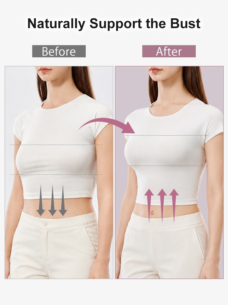 Before and after comparison showing bust position beneath a fitted white top VEIMIA