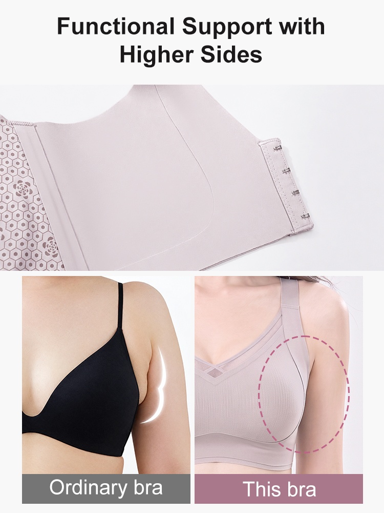 Detail graphic showing high bra side panel and underarm coverage comparison VEIMIA