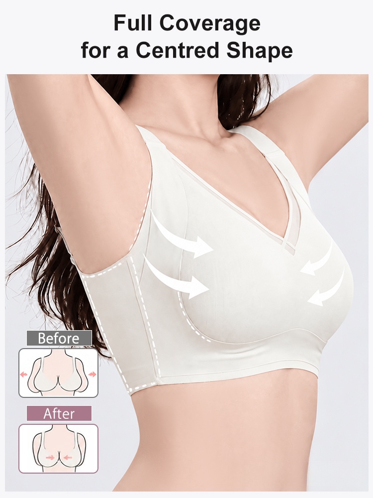 Side view of champagne bra with full coverage cups and inward support diagram VEIMIA