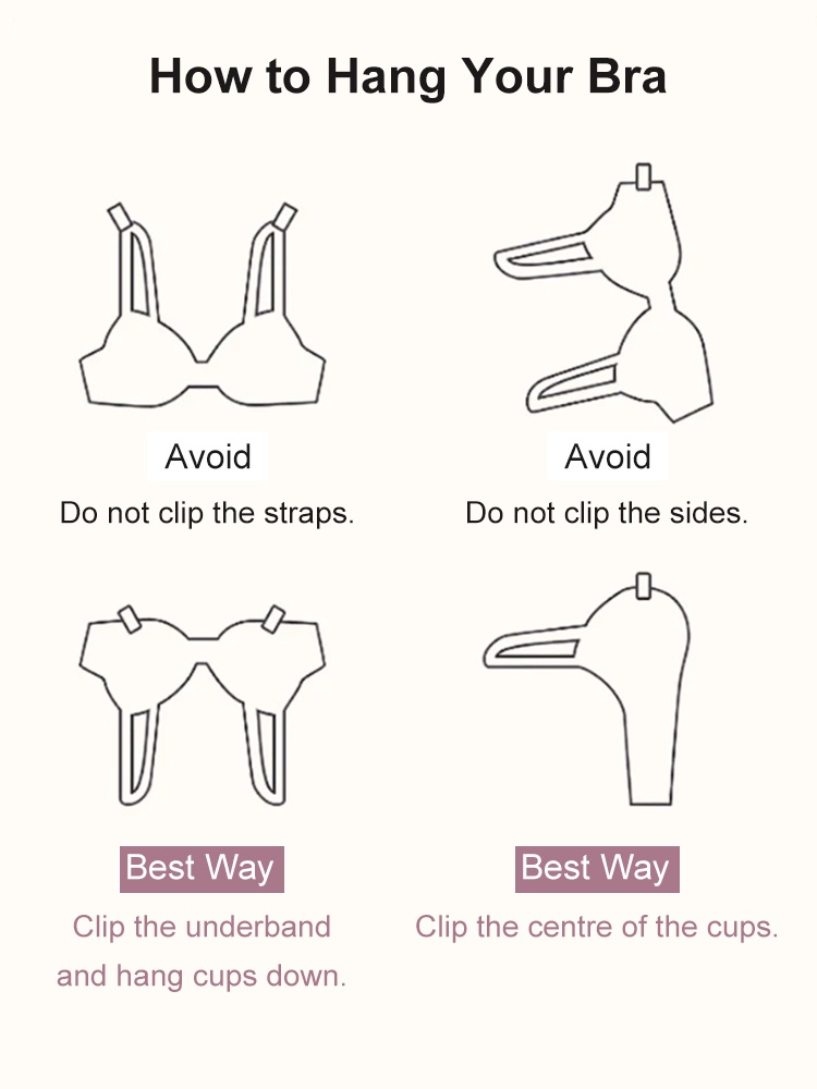 Bra hanging care guide illustrating recommended clipping points and positions VEIMIA
