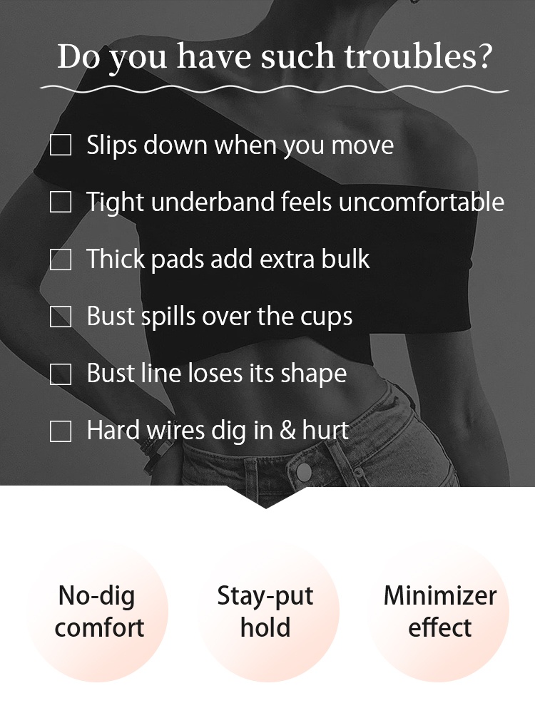 Feature graphic showing common strapless bra issues with no slip support benefits VEIMIA
