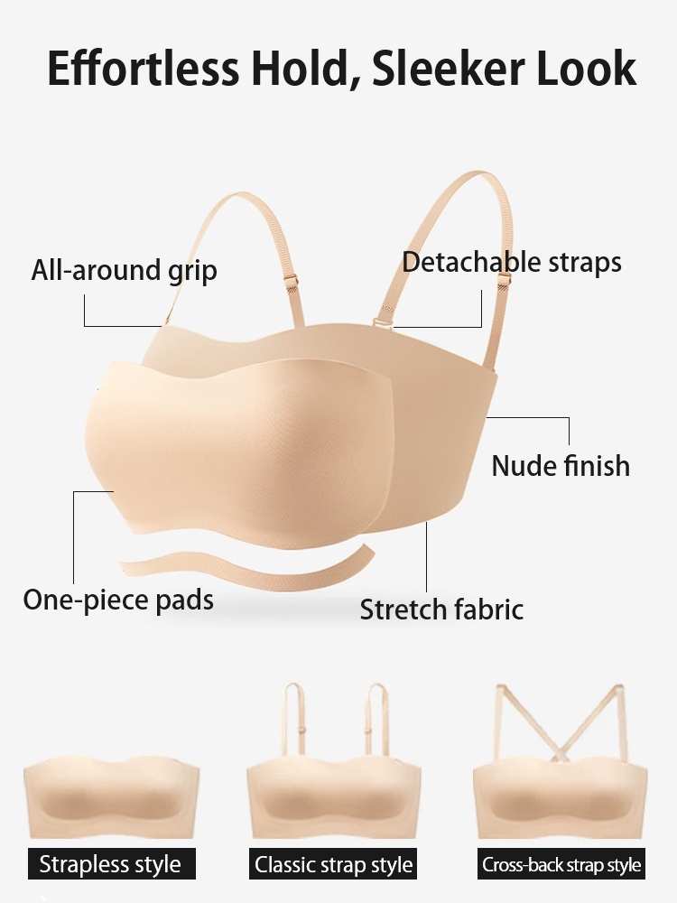Feature graphic showing detachable straps one piece pads and stretch fabric design VEIMIA