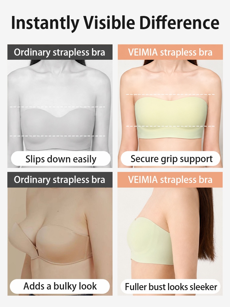 Comparison graphic showing secure support and minimizer effect of strapless bra VEIMIA