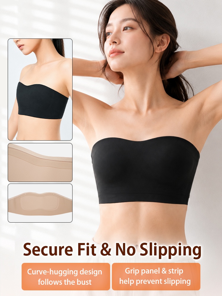 Model wearing black strapless bra with anti slip grip design demonstration VEIMIA