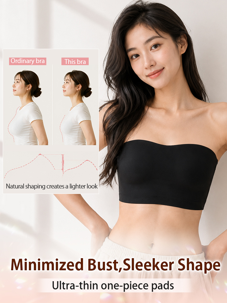 Model wearing black strapless minimizer bra with natural shaping comparison graphic VEIMIA