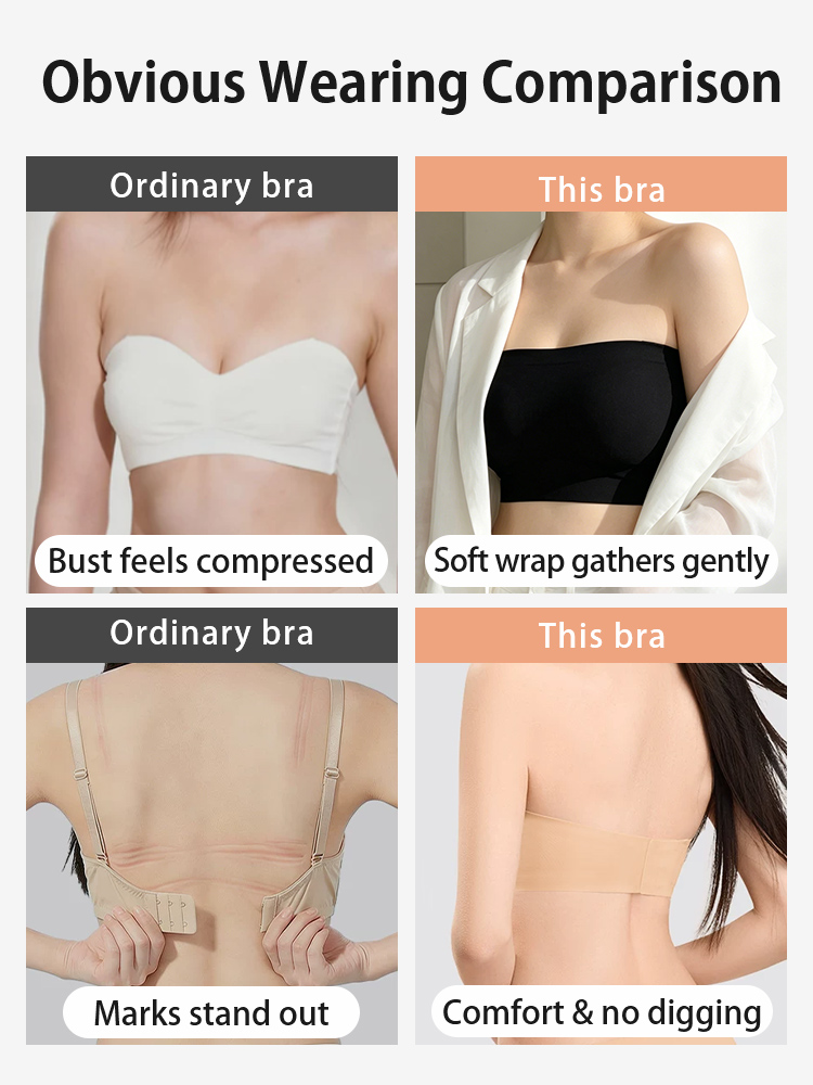 Comparison graphic showing gentle support and no digging comfort of strapless bra VEIMIA