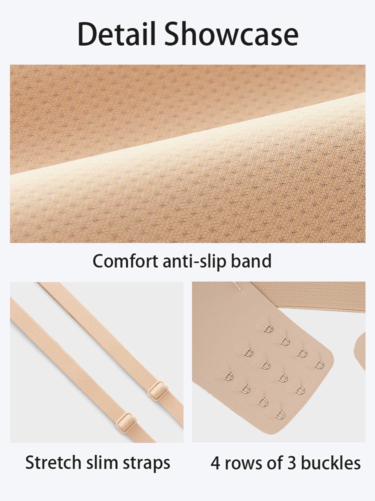 Detail showcase of anti slip band detachable straps and back hook closure VEIMIA