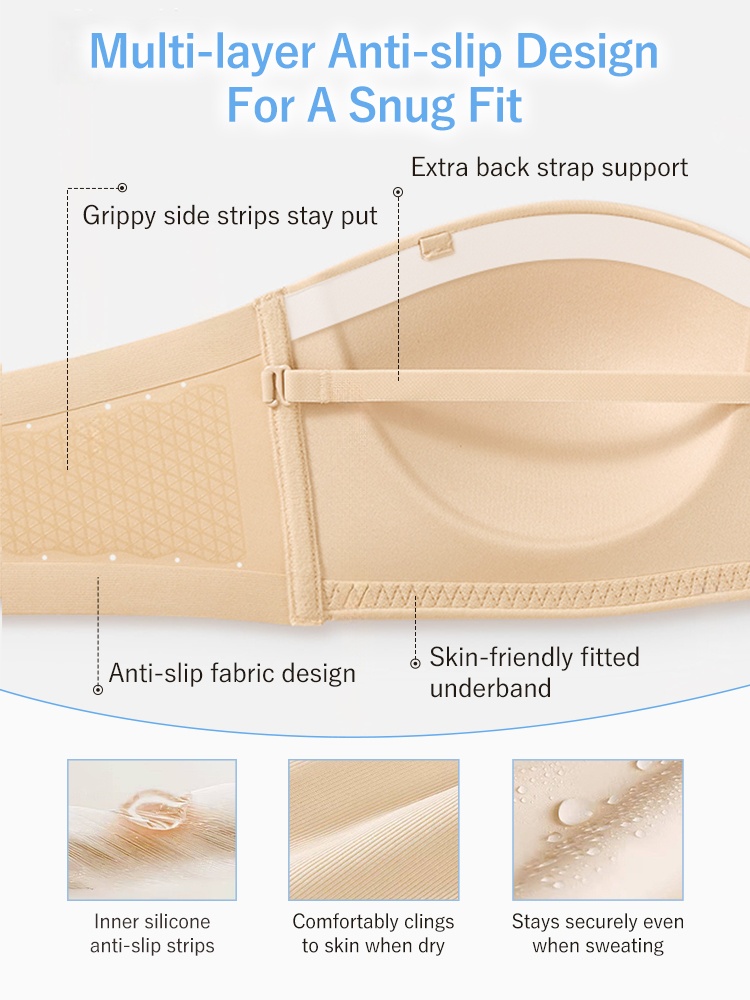 Secure Strapless Bra Stay-put Support Anti-slip, Seamless Cup Breathable Ease For Any Outfit VEIMIA