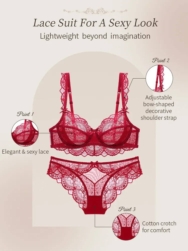 VEIMIA Sexy Lace Bra & Panty Set Sheer French Style Design, Ultra-thin & Slimming