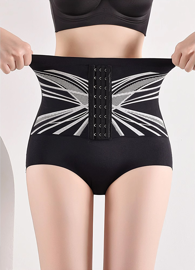 Black Front Buckle Compression for Instant Waist Slimming Hip Lifting High Waisted Elastic Breathable Shapewear Brief VEIMIA