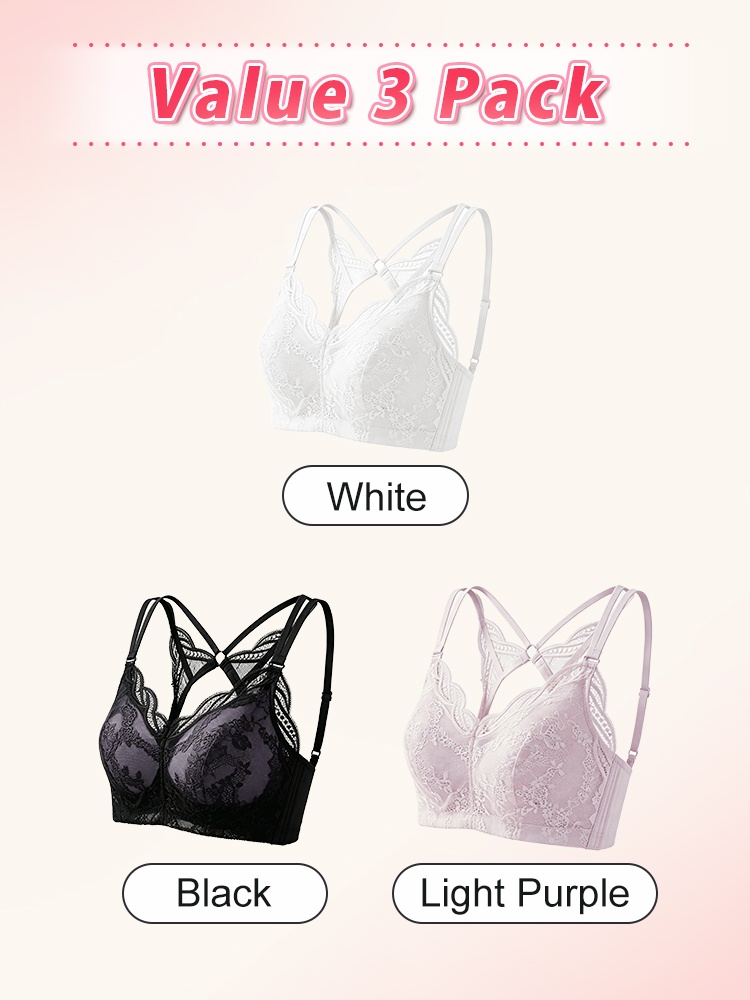 Three pack white black and light purple sheer lace bras VEIMIA