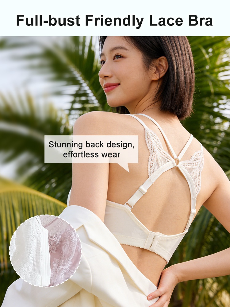 Back design close up of white sheer lace bra VEIMIA