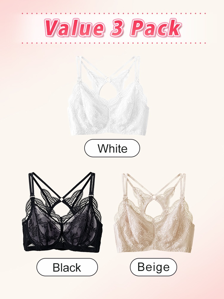 Three pack white black and beige sheer lace bras VEIMIA