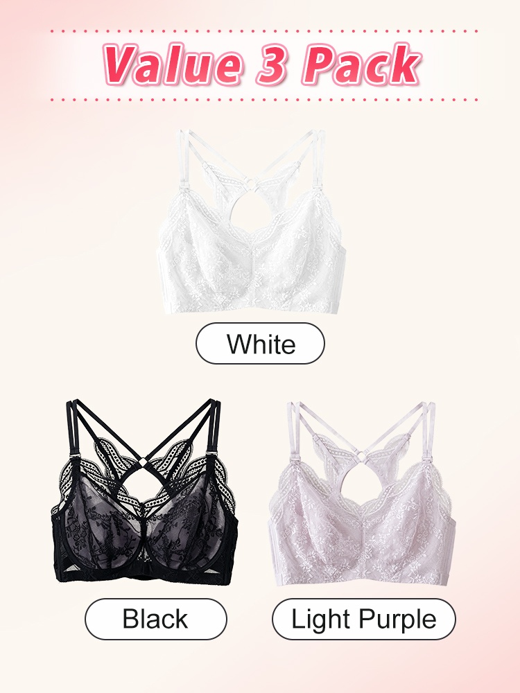 Three pack white black and light purple sheer lace bras VEIMIA