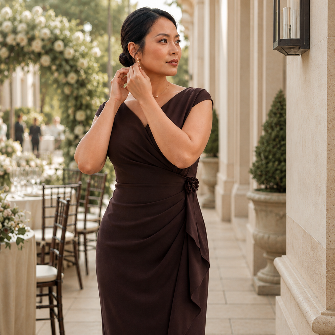 Woman in an elegant brown gown at an outdoor wedding reception – polished occasionwear look VEIMIA
