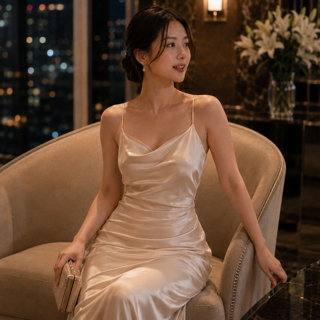 Woman in a champagne satin gown at an evening hotel reception – smooth occasionwear look VEIMIA