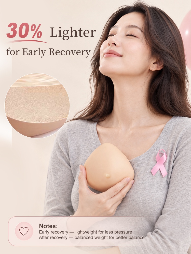 特色圖示展示了輕盈的乳房假體，有助於早期恢復 VEIMIA