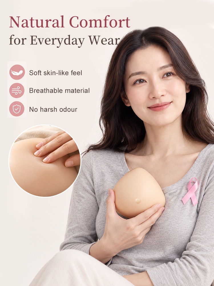 功能圖展示了柔軟透氣的乳房假體，適合日常佩戴 VEIMIA