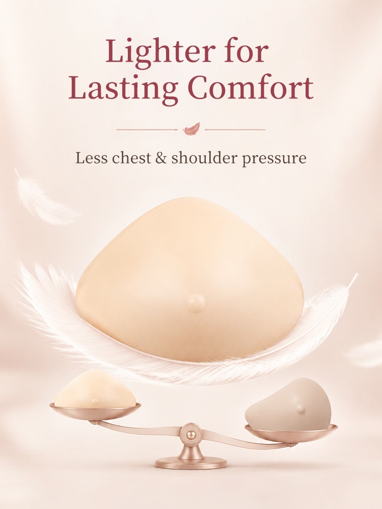 輕型乳房假體功能圖示顯示胸部和肩部壓力減輕 VEIMIA