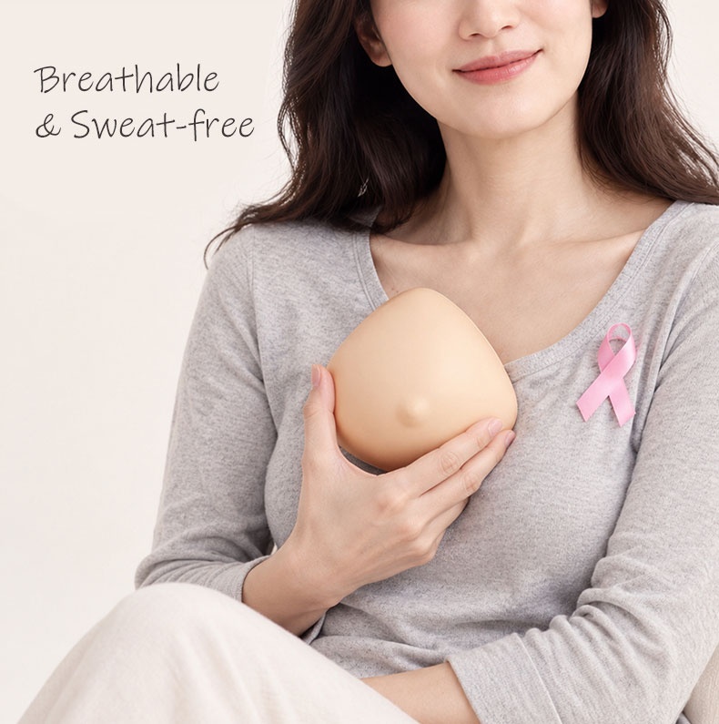 模特兒手持透氣防汗的乳房假體，訊息VEIMIA