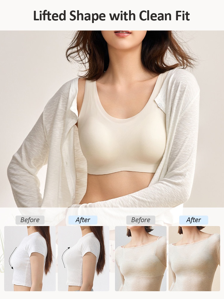 Model wearing white seamless bra with before and after fit comparison under tops VEIMIA